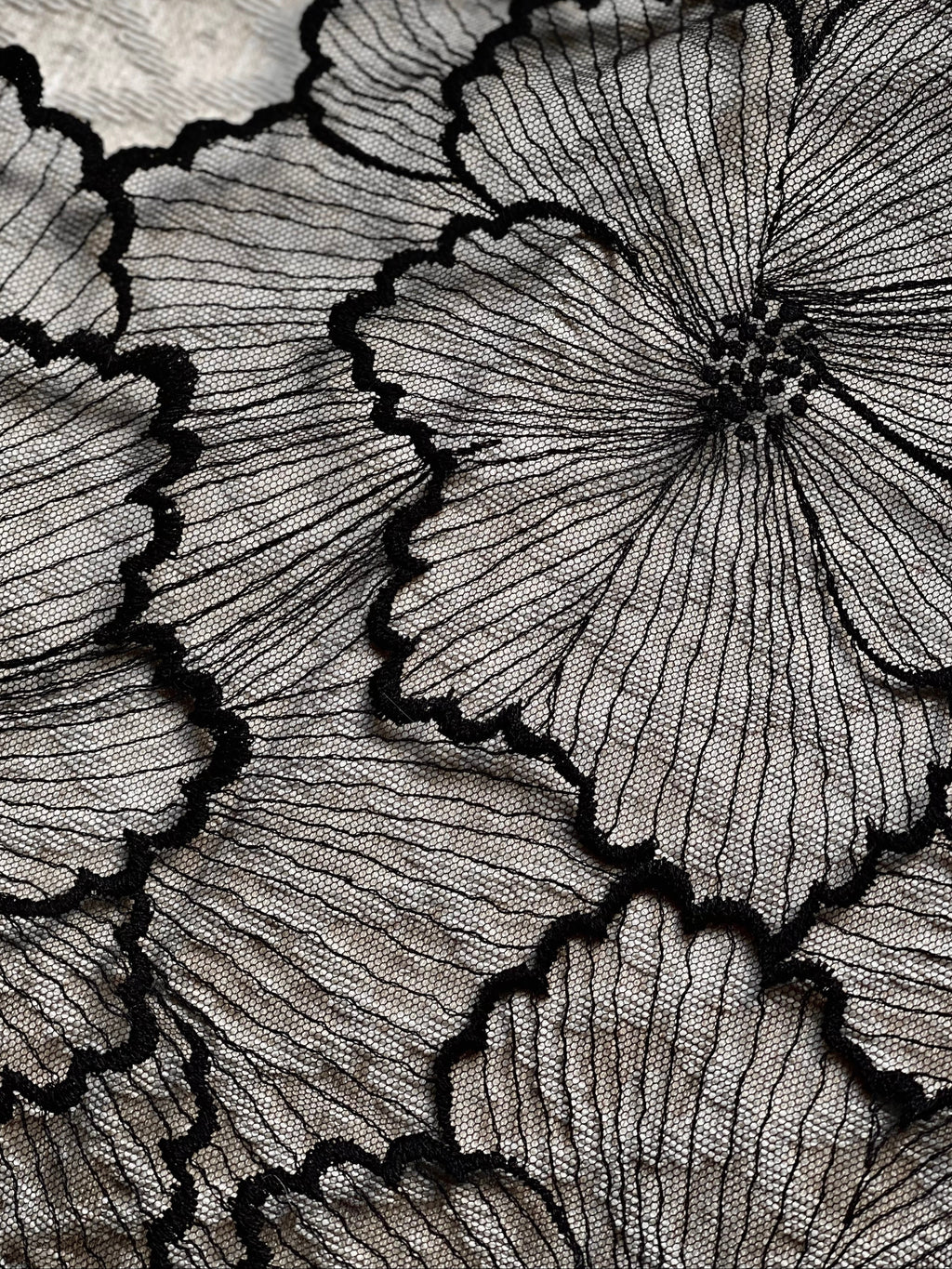 Close-up of black lace fabric with floral patterns on a textured surface.