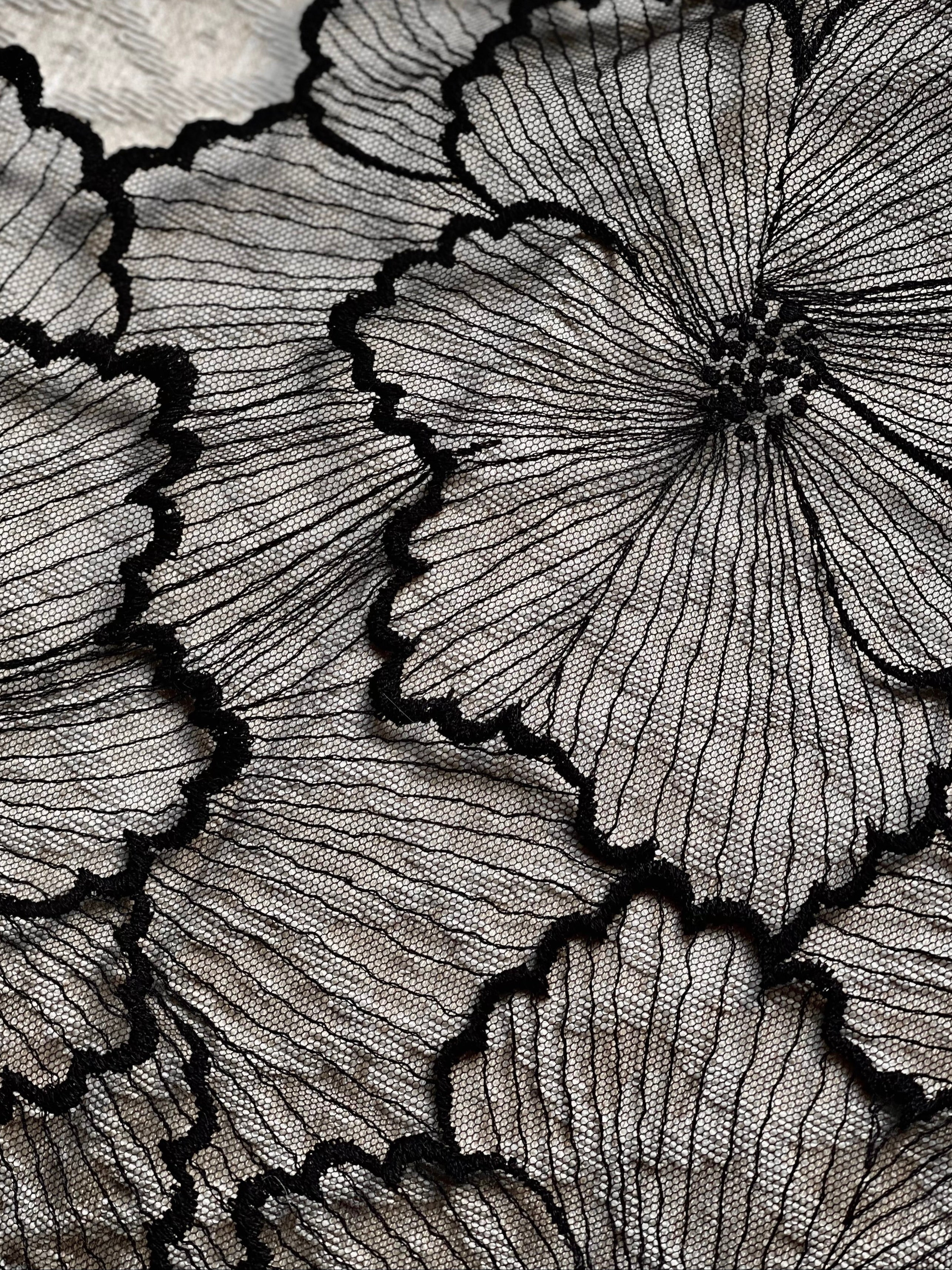 Close-up of black lace fabric with floral patterns on a textured surface.