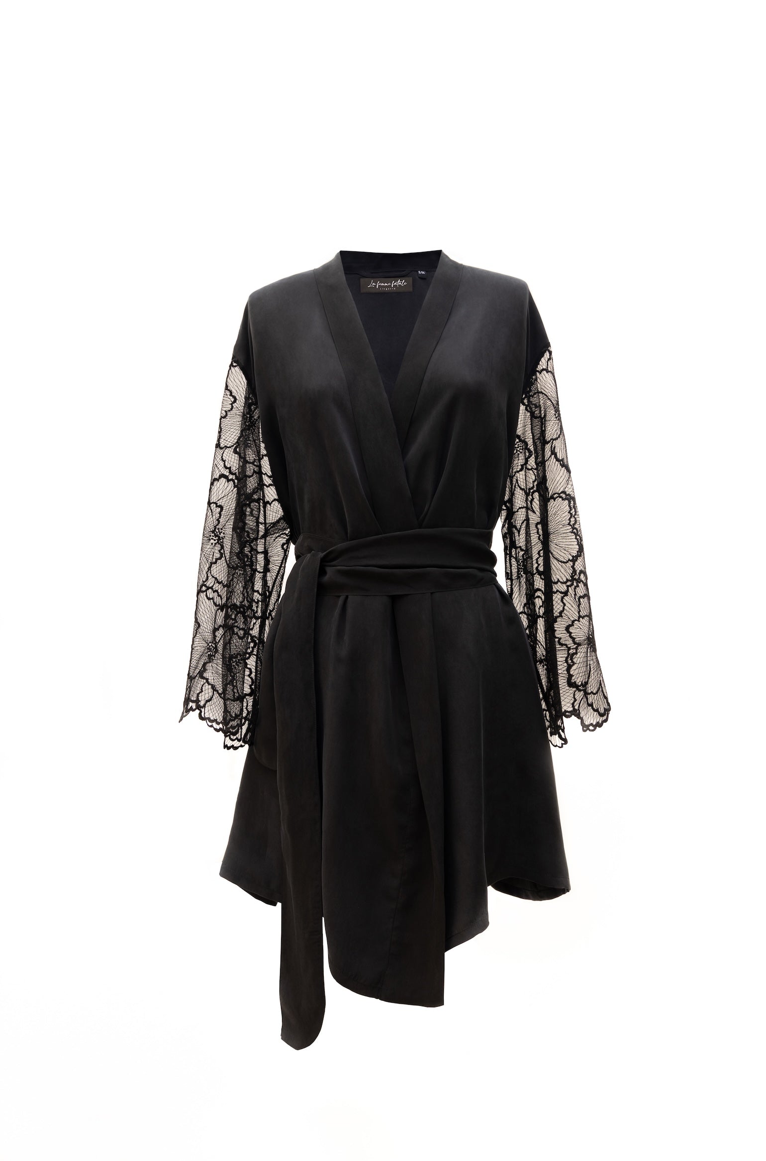 Elegant Short Luxury Kimono Robe with Lace Sleeves Noir