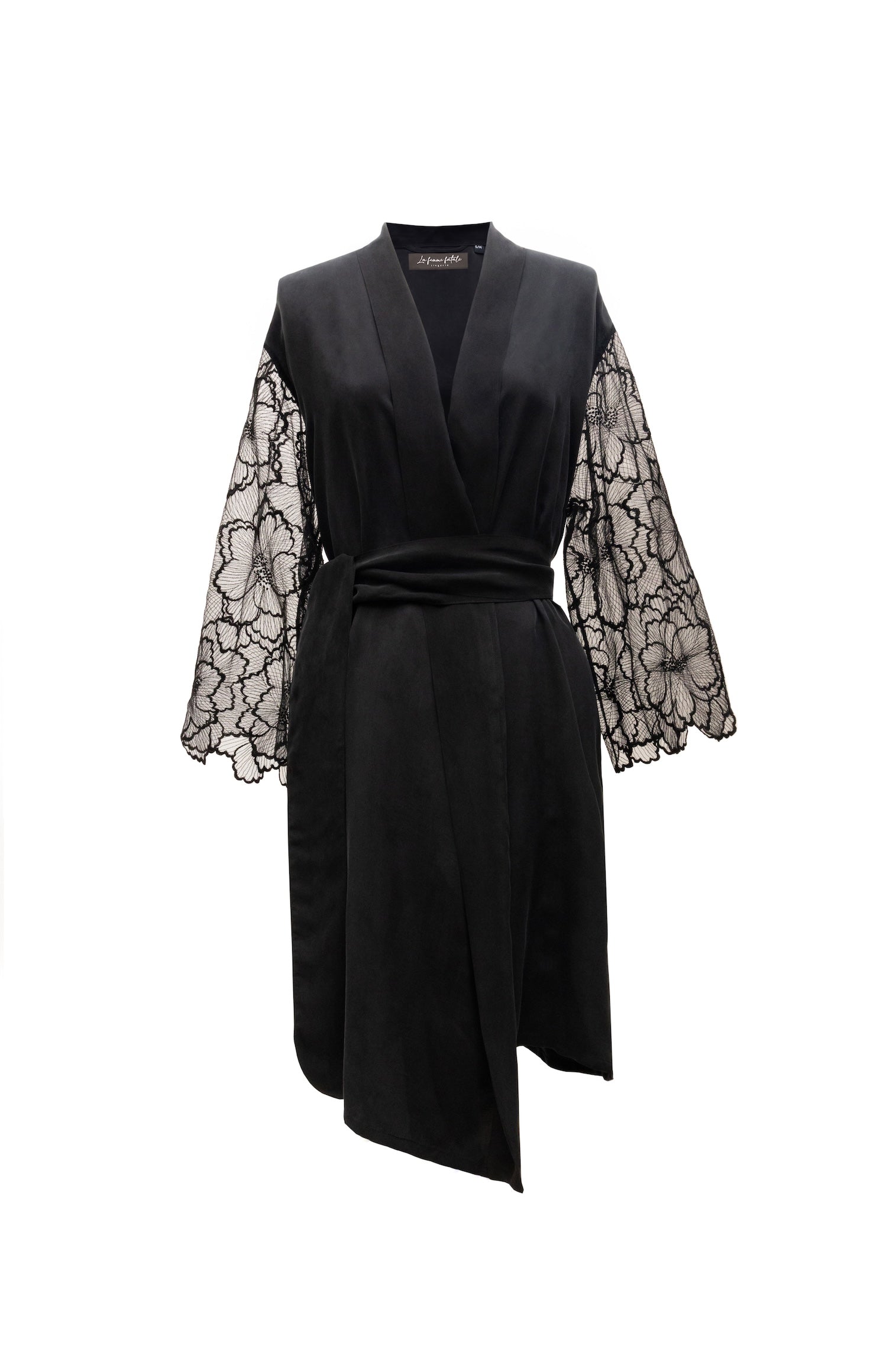 Elegant 3/4 Kimono Night Robe with Lace Sleeves Noir