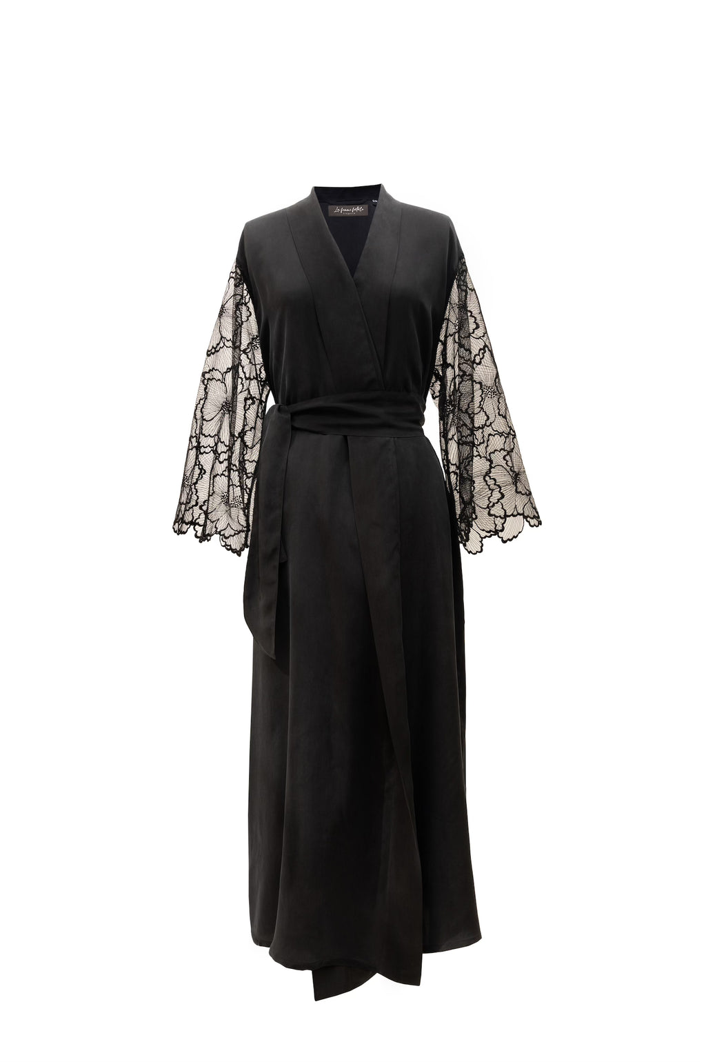 Elegant Long Kimono Night Robe with Lace Sleeves Noir